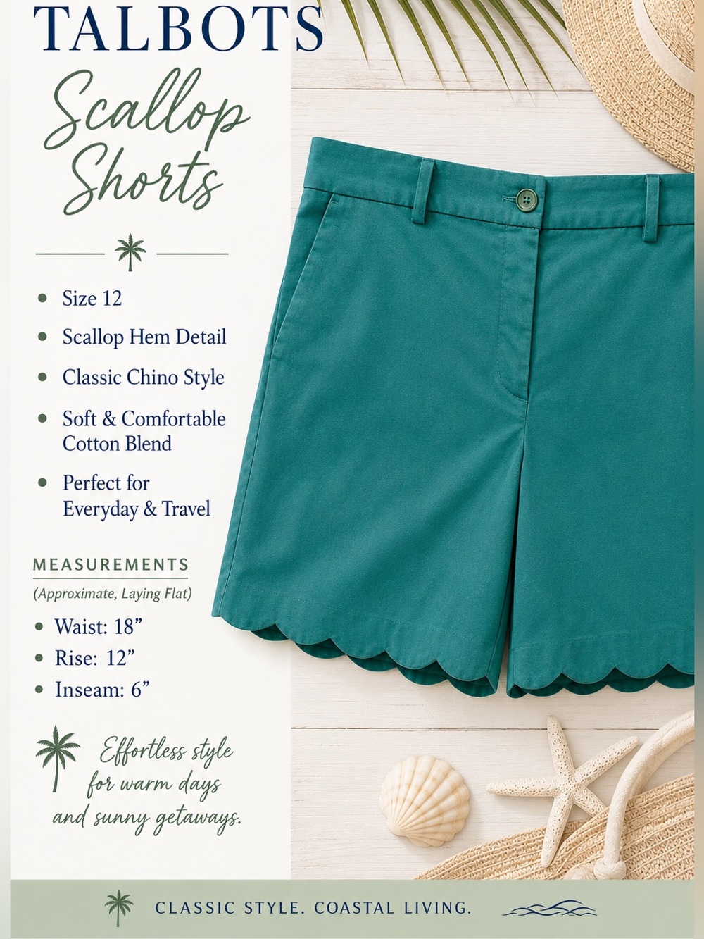 Talbots Scallop Hem Shorts Size 12 Emerald Green Stretch Chino 6” Inseam